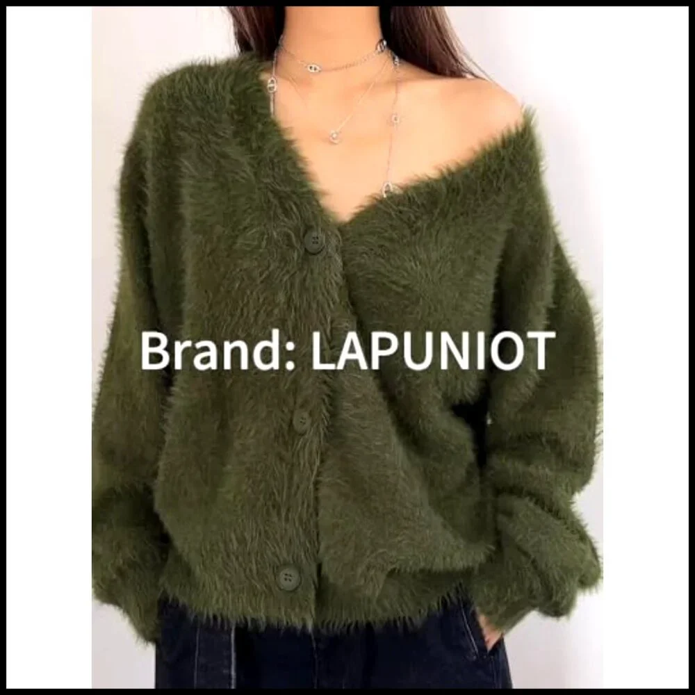Oversized Mohair Cardigan V-Neck Button Down Fuzzy Sweater Y2K Winter_3